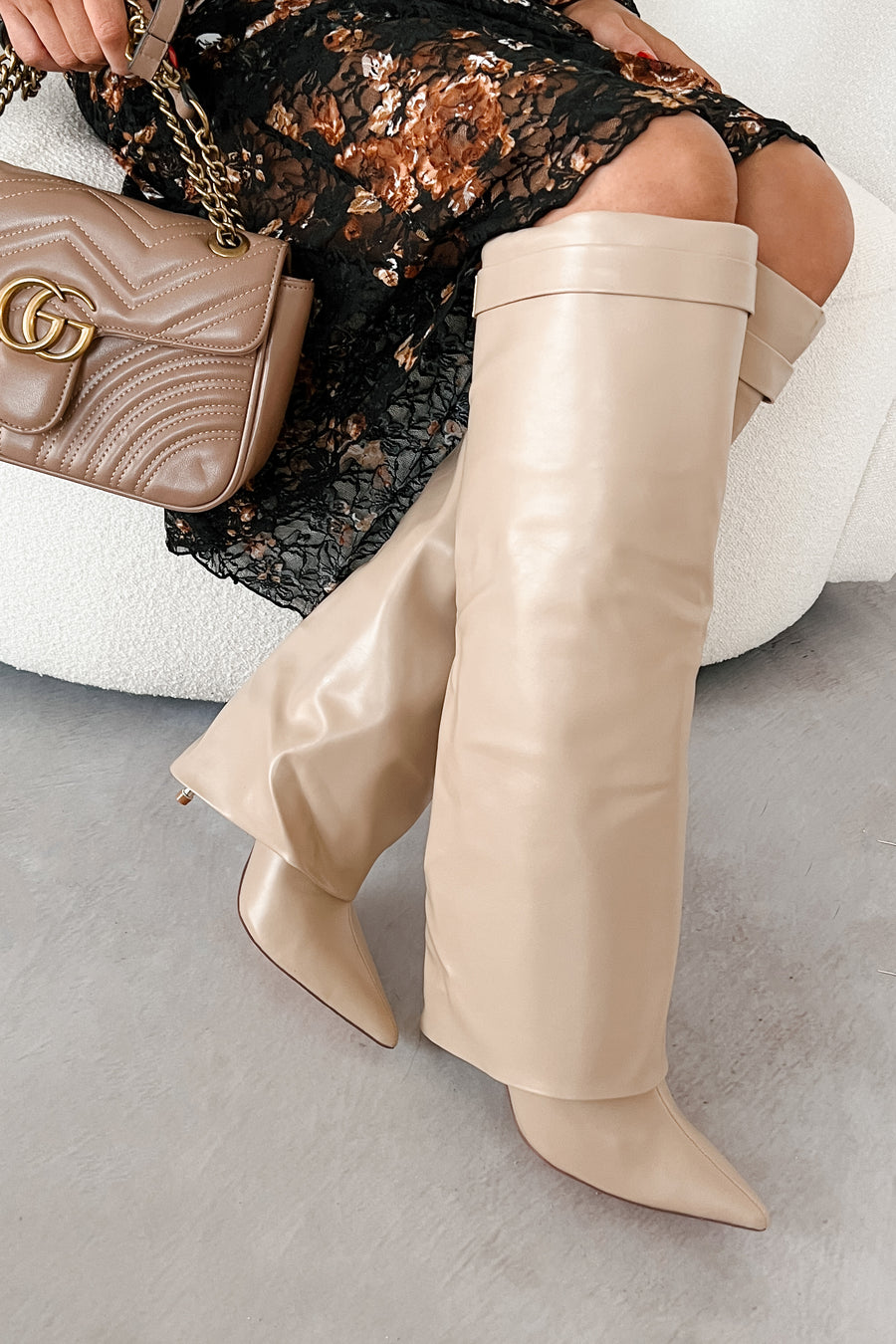 Business Moves Fold Over Knee High Boots (Cream Pu) - NanaMacs