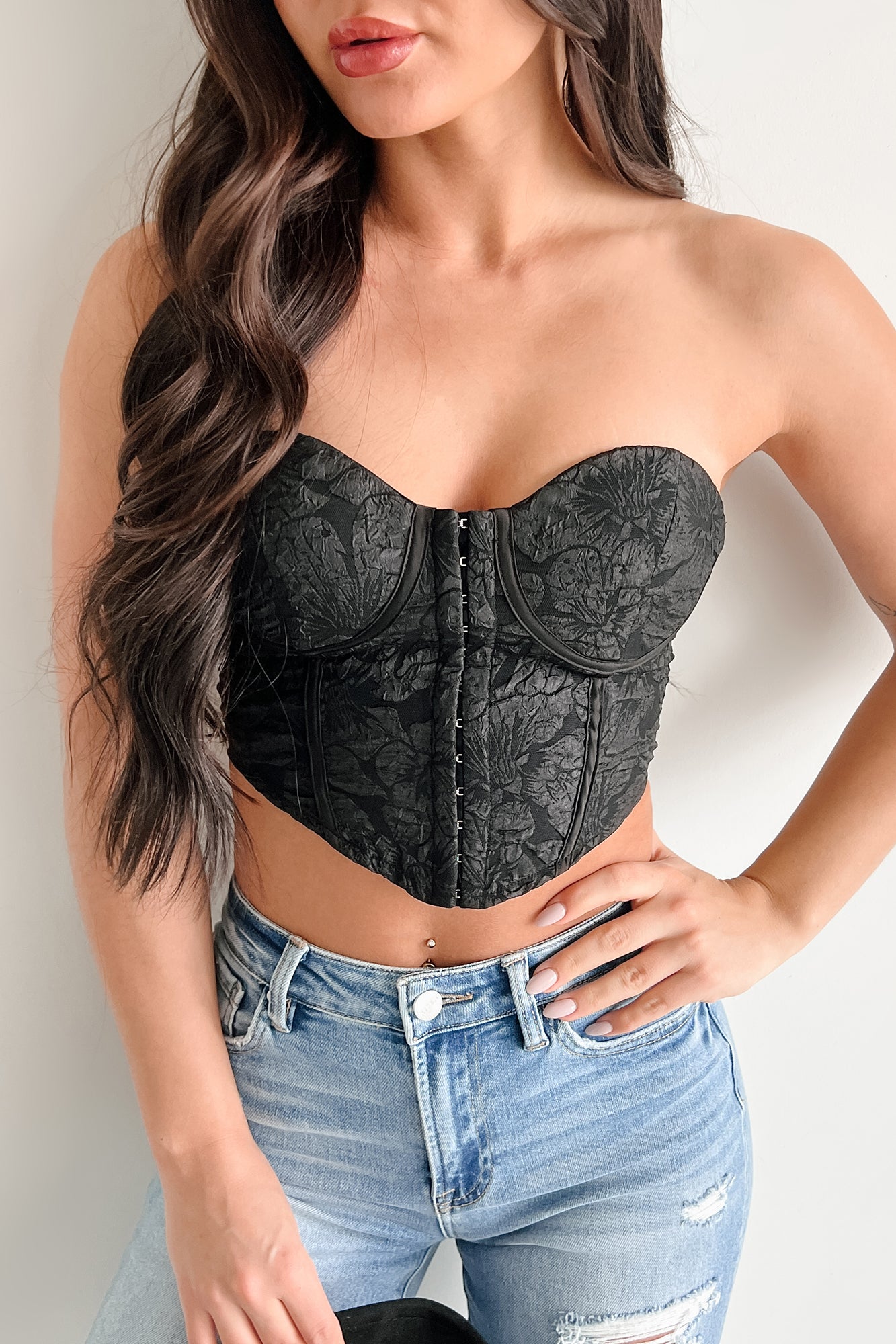 Glam Life Hook Front Strapless Floral Bustier Top (Black) - NanaMacs