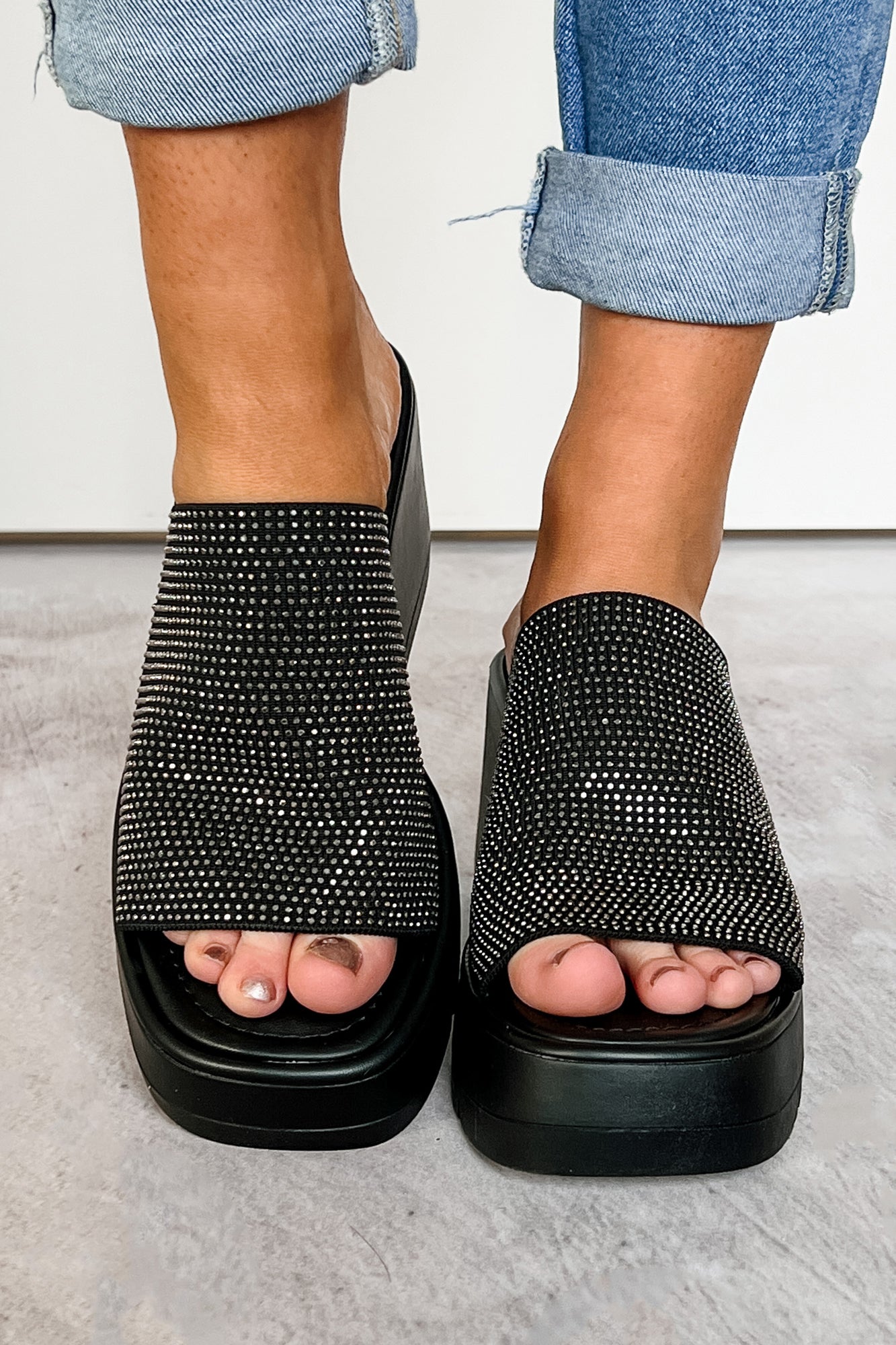 Roxy Rhinestone Strap Platform Wedge Sandal (Black) · NanaMacs