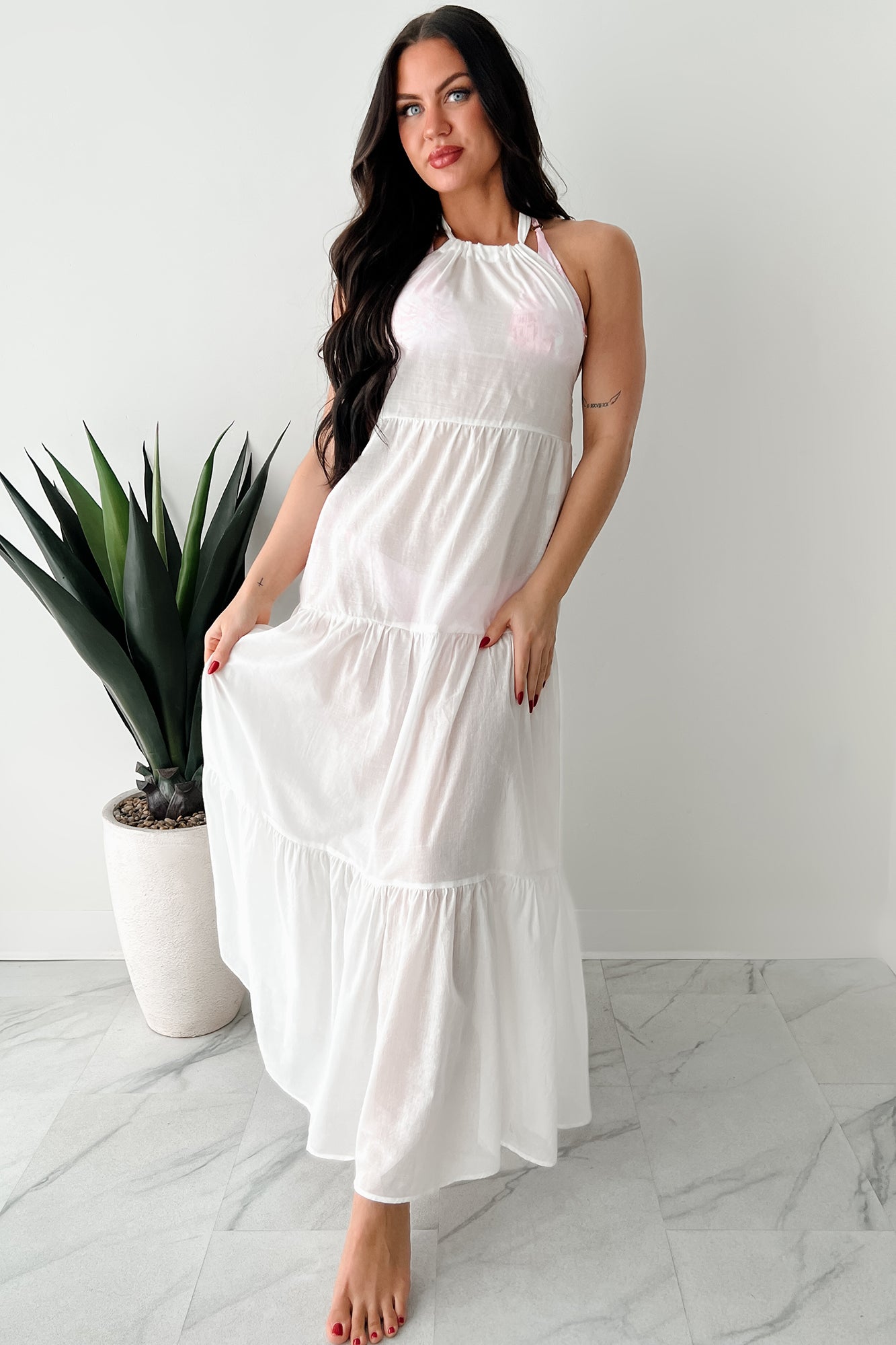 Reach To The Skies Halter Maxi Coverup Dress (Off White) - NanaMacs