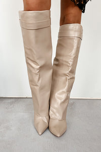 Business Moves Fold Over Knee High Boots (Cream Pu) - NanaMacs