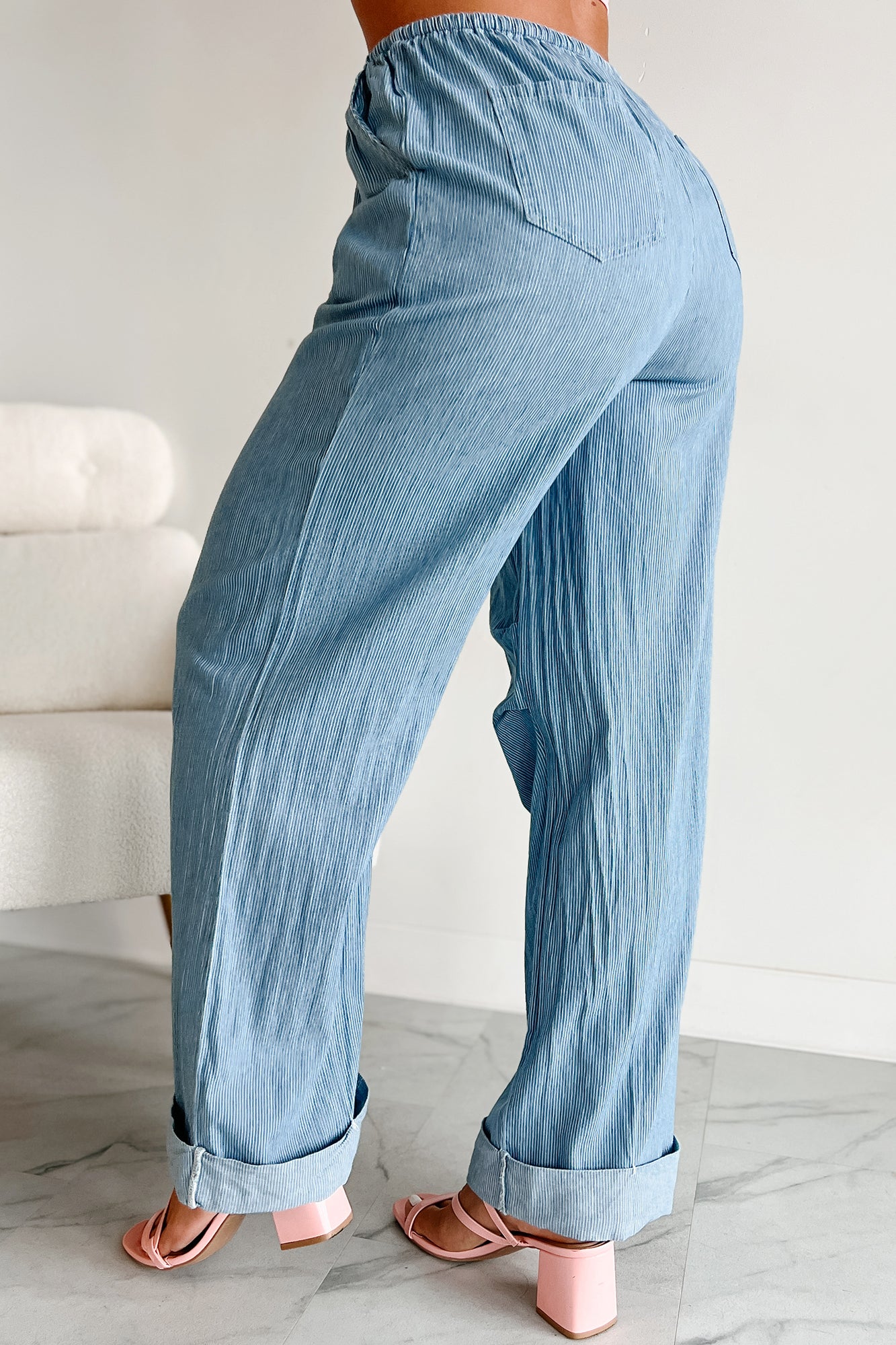 Dinah Cuffed Hem Wide Leg Striped Pants (Light Denim Stripe) - NanaMacs