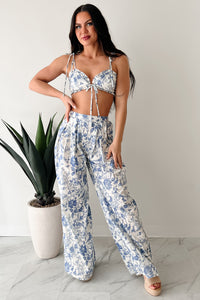 Vive La Vie Printed Crop Top & Pant Set (Blue) - NanaMacs