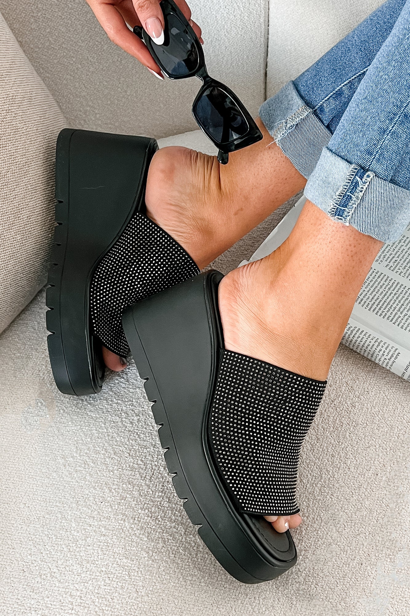 Roxy Rhinestone Strap Platform Wedge Sandal (Black) · NanaMacs