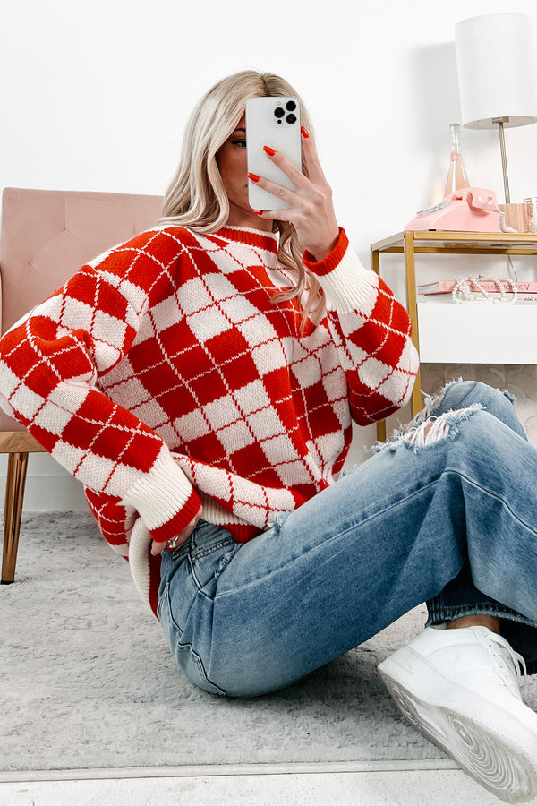 Older Soul Oversized Checker Sweater (Red/Cream) - NanaMacs