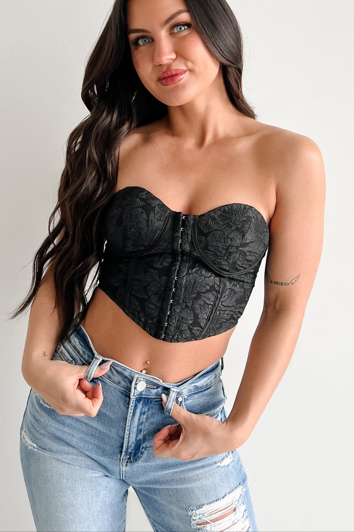 Glam Life Hook Front Strapless Floral Bustier Top (Black) - NanaMacs