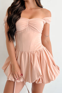 Quiet Hour Off Shoulder Bubble Mini Dress (Warm Peach) - NanaMacs
