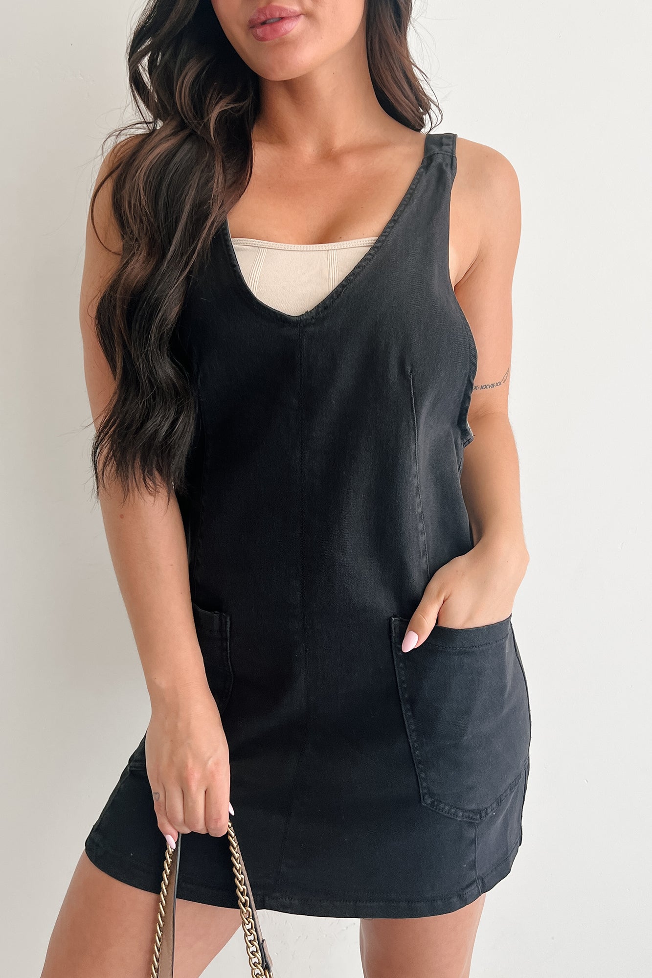 Living Steady Denim Overall Dress (Black) - NanaMacs