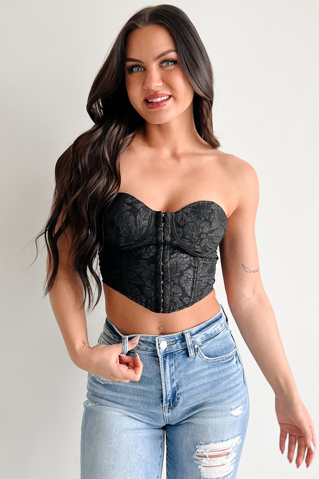 Glam Life Hook Front Strapless Floral Bustier Top (Black) - NanaMacs