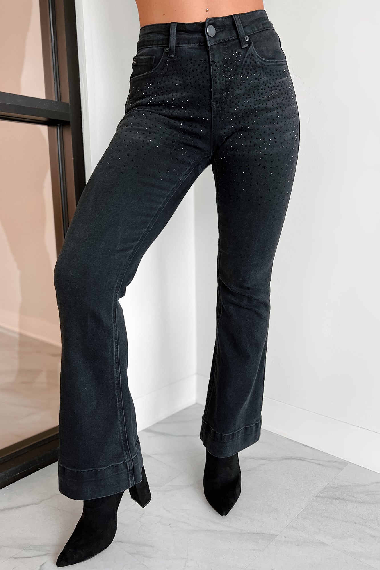 Vigo Mid-Rise Rhinestone Flare Jeans (Black) - NanaMacs
