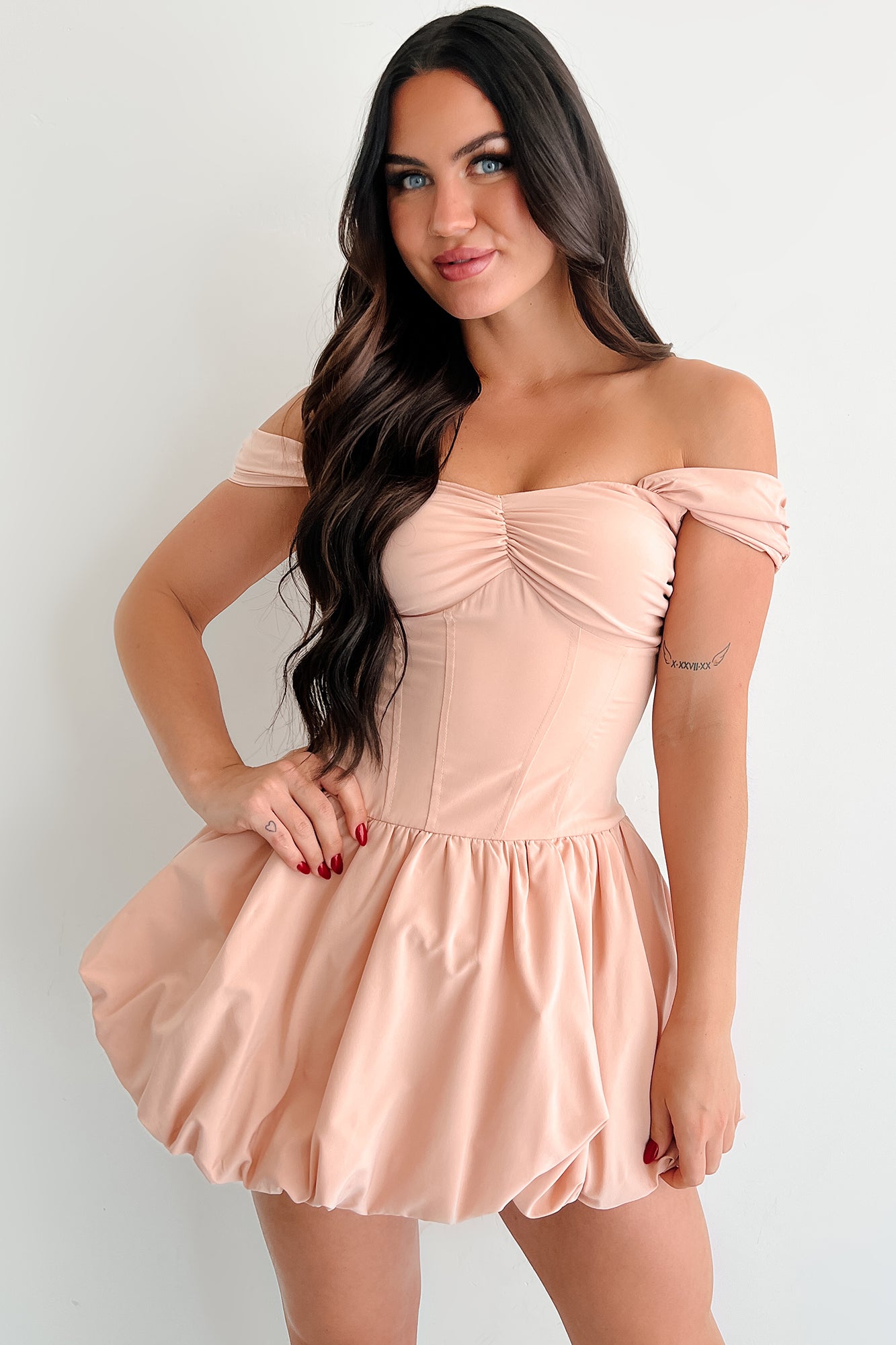 Quiet Hour Off Shoulder Bubble Mini Dress (Warm Peach) - NanaMacs