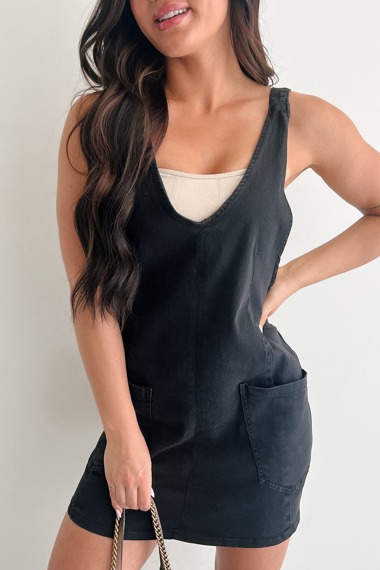 Living Steady Denim Overall Dress (Black) - NanaMacs