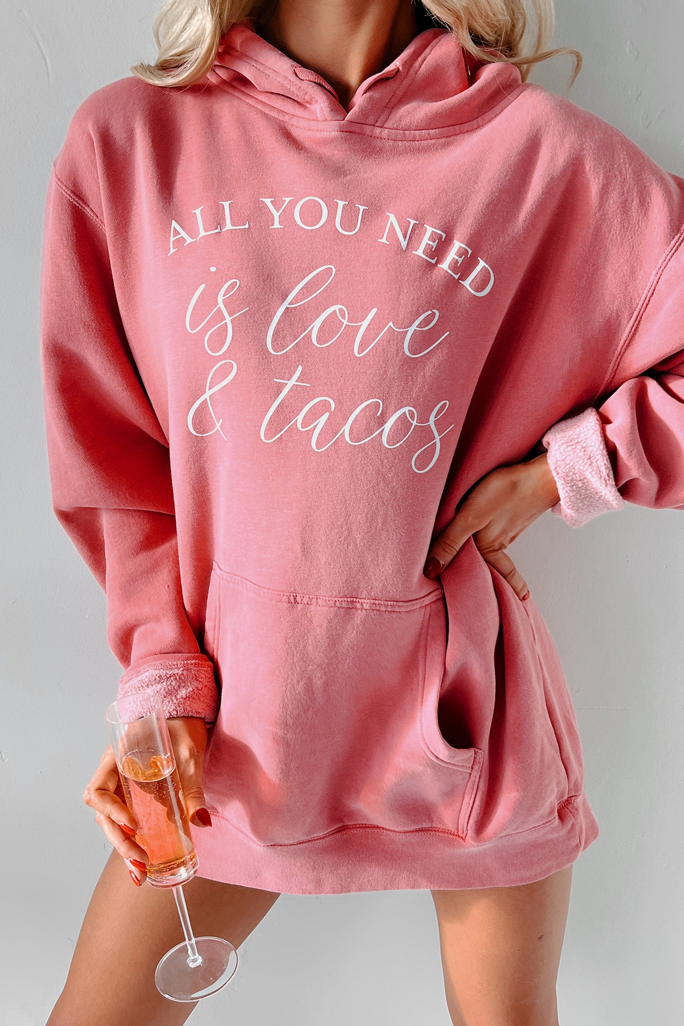 "All You Need Is Love & Tacos" Vintage Wash Graphic Hoodie (Pink) - Print On Demand - NanaMacs