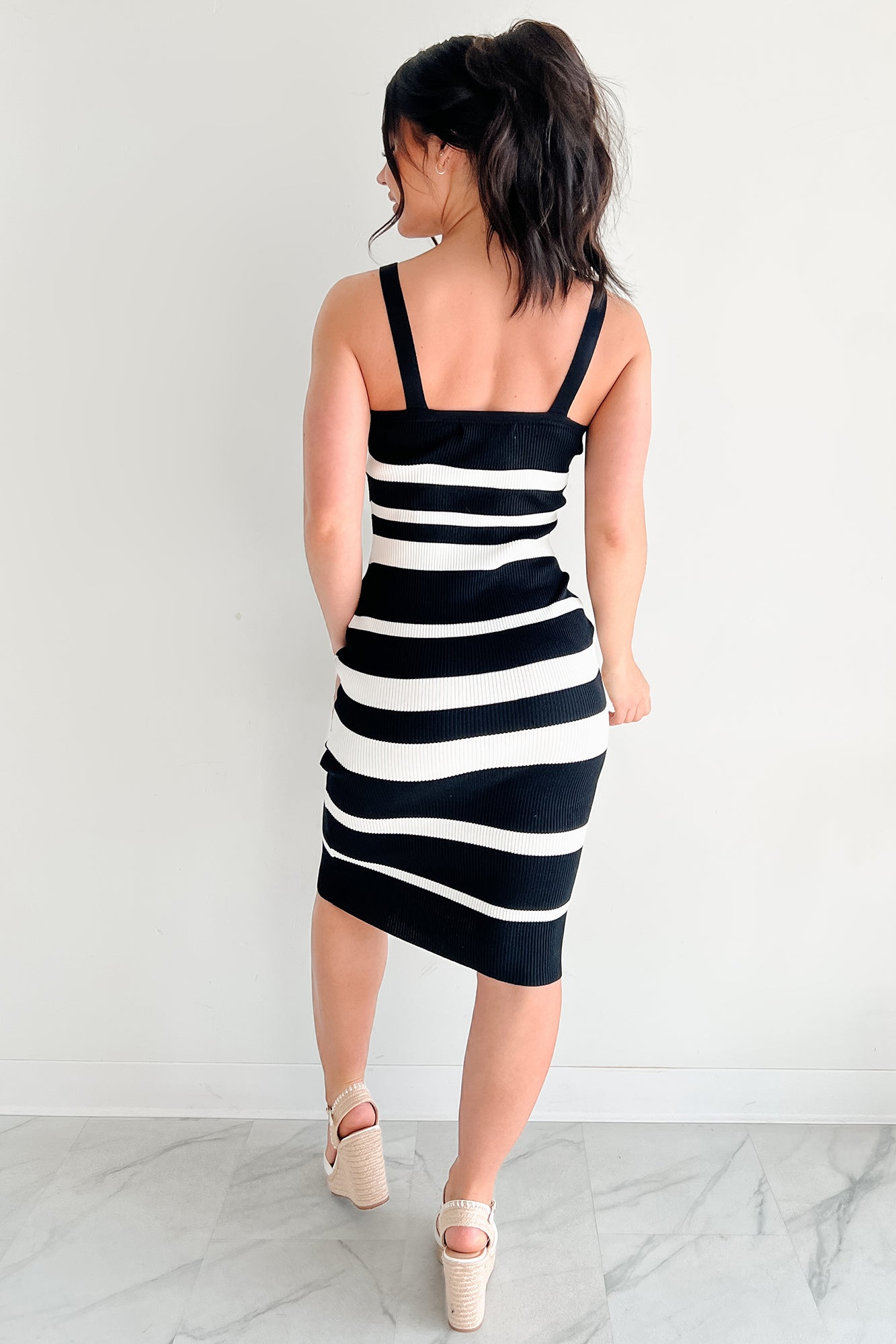 Feeling Deeply Striped Bodycon Midi Dress (Black) - NanaMacs