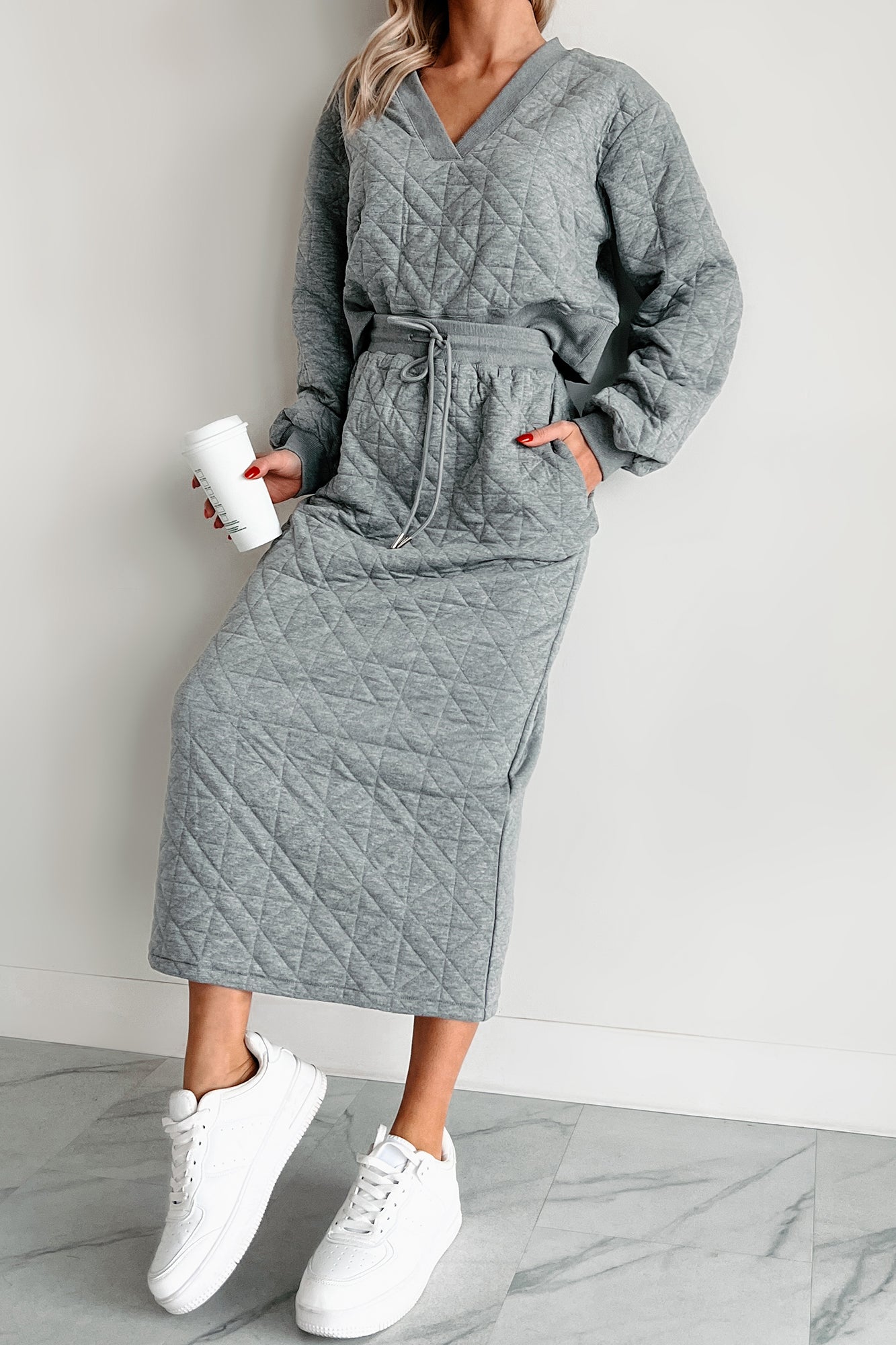 What Matters Most Quilted Sweater & Skirt Set (Heather Grey) - NanaMacs