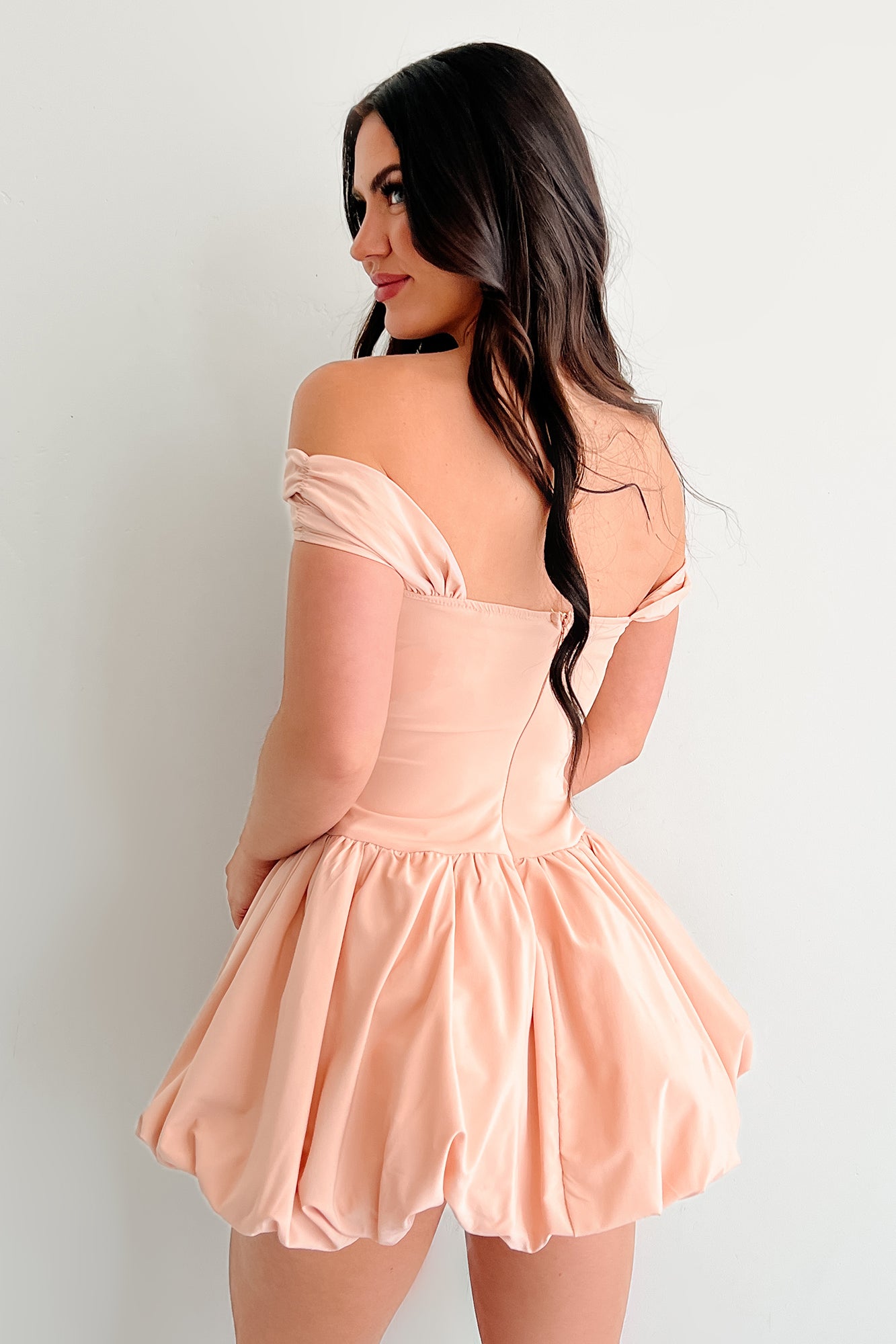 Quiet Hour Off Shoulder Bubble Mini Dress (Warm Peach) - NanaMacs