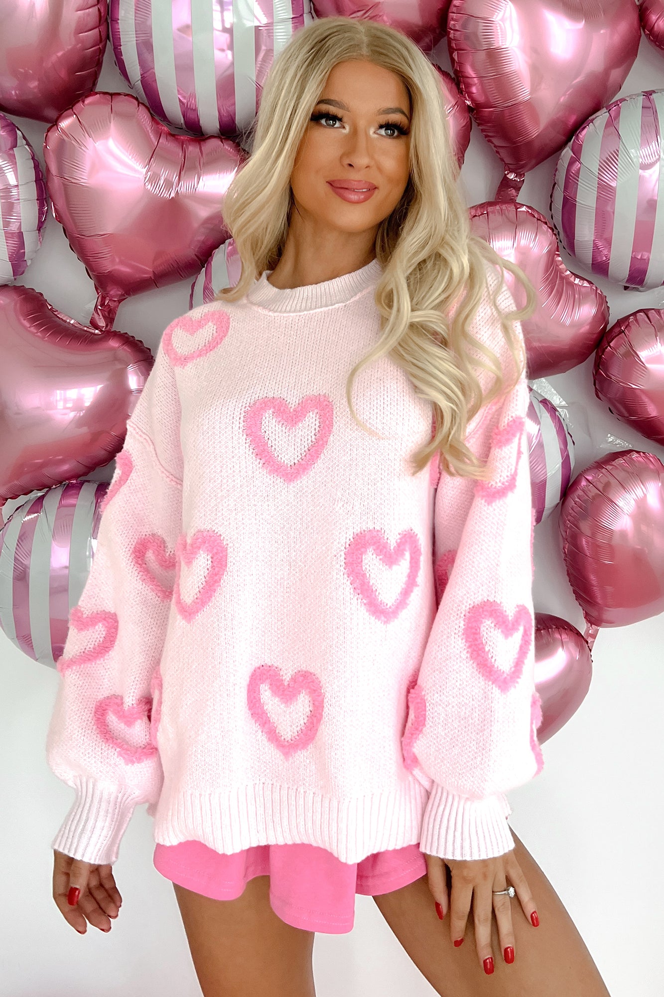 Straight From The Heart Textured Heart Sweater (Pink)