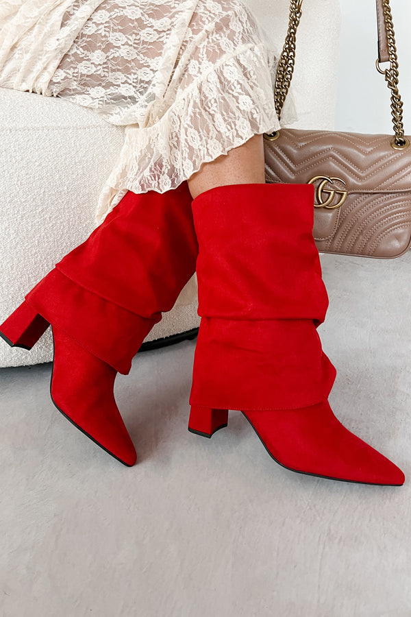 Larsa Suede Fold Over Mid Calf Boots (Red) - NanaMacs