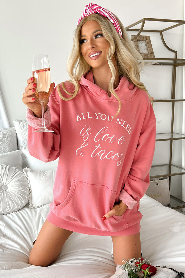 "All You Need Is Love & Tacos" Vintage Wash Graphic Hoodie (Pink) - Print On Demand - NanaMacs