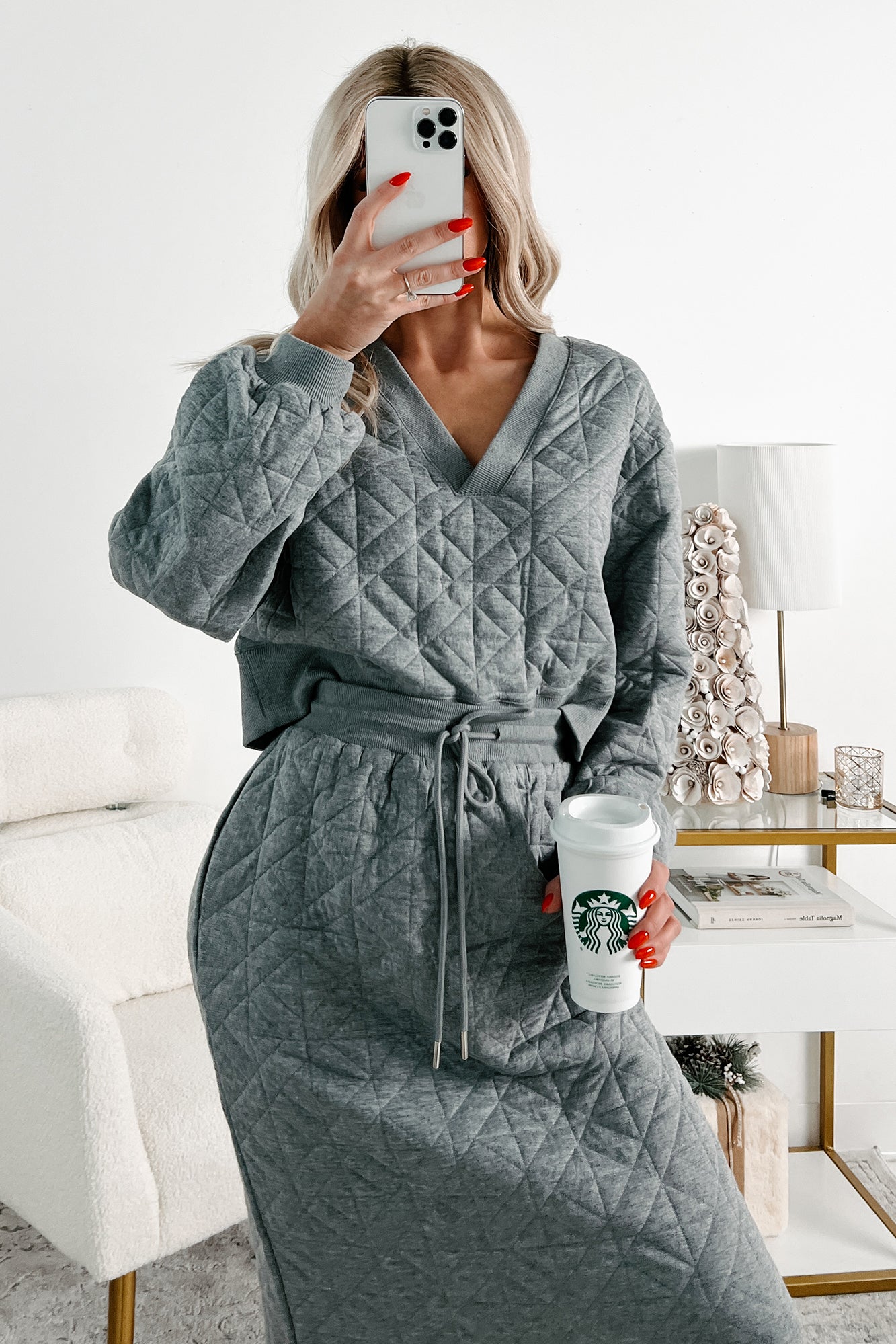 What Matters Most Quilted Sweater & Skirt Set (Heather Grey) - NanaMacs