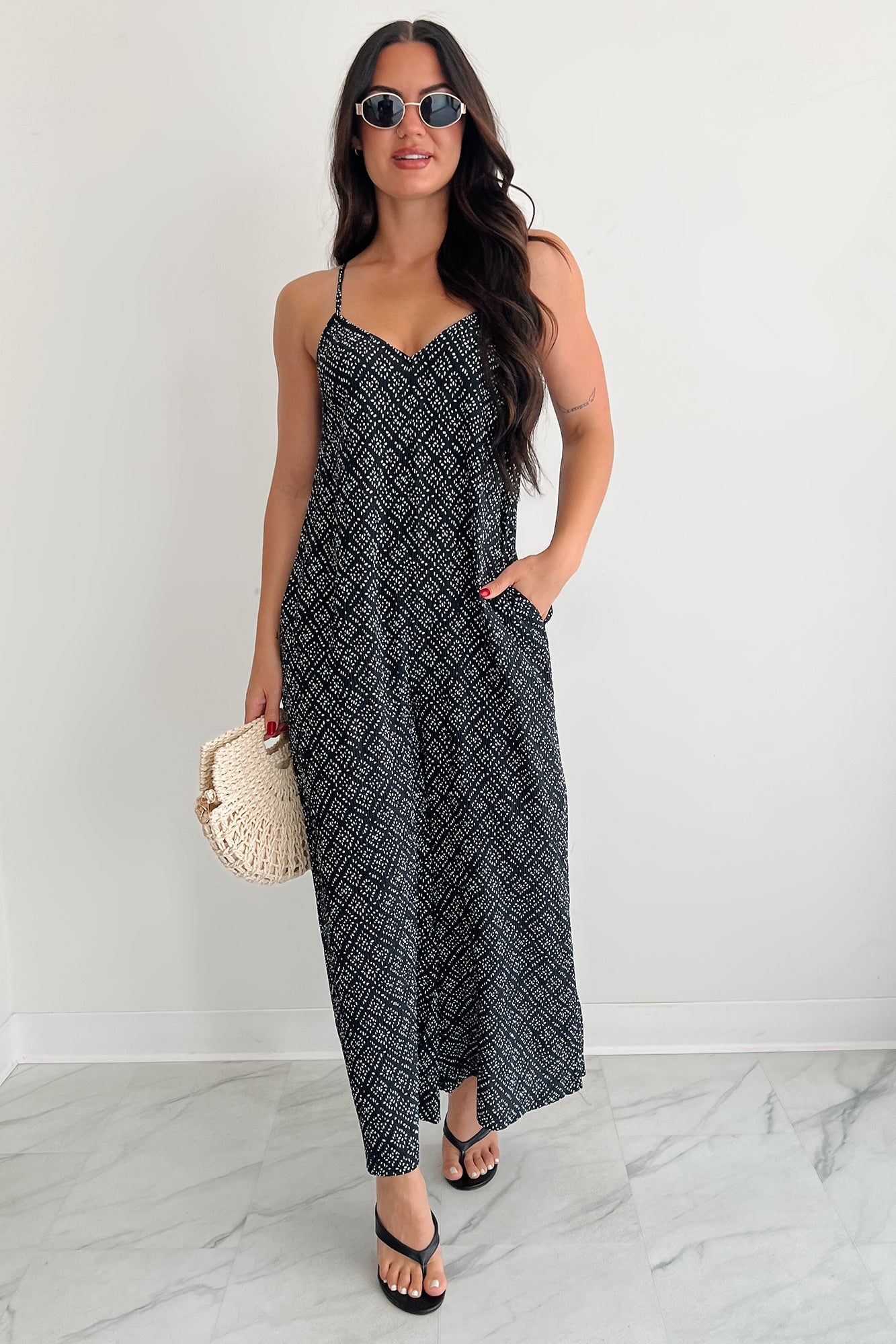 Homebody Heaven Pleated Wide Leg Jumpsuit (Black Dotted) - NanaMacs