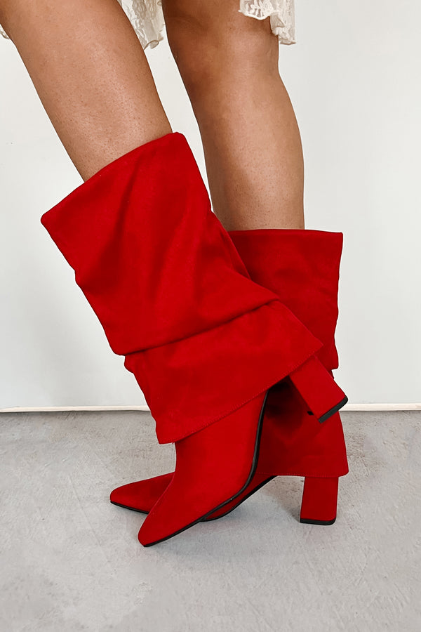 Larsa Suede Fold Over Mid Calf Boots (Red) - NanaMacs