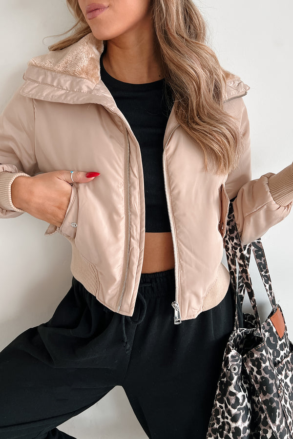 Seguin Faux Fur Collar Bomber Jacket (Taupe)