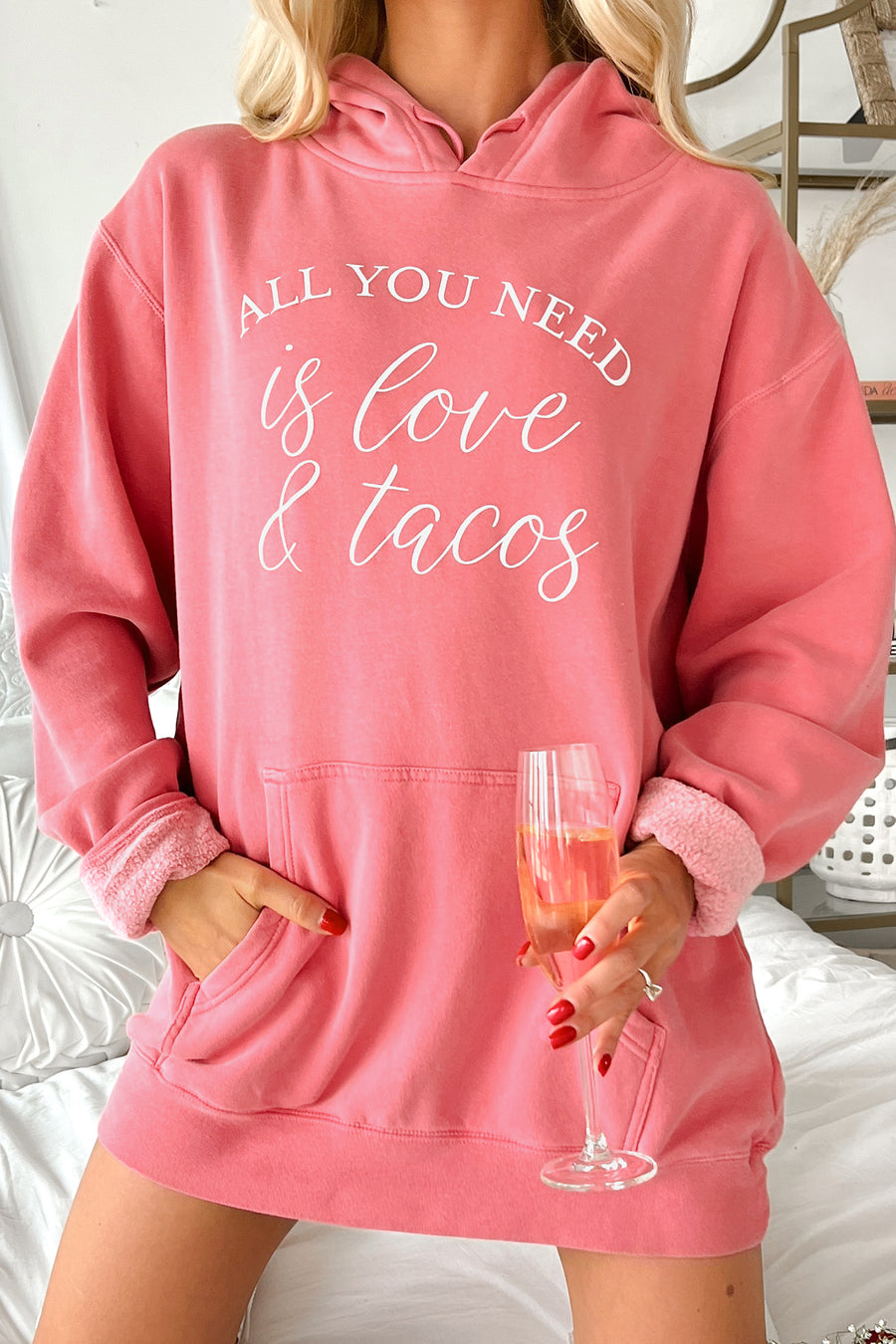 "All You Need Is Love & Tacos" Vintage Wash Graphic Hoodie (Pink) - Print On Demand - NanaMacs