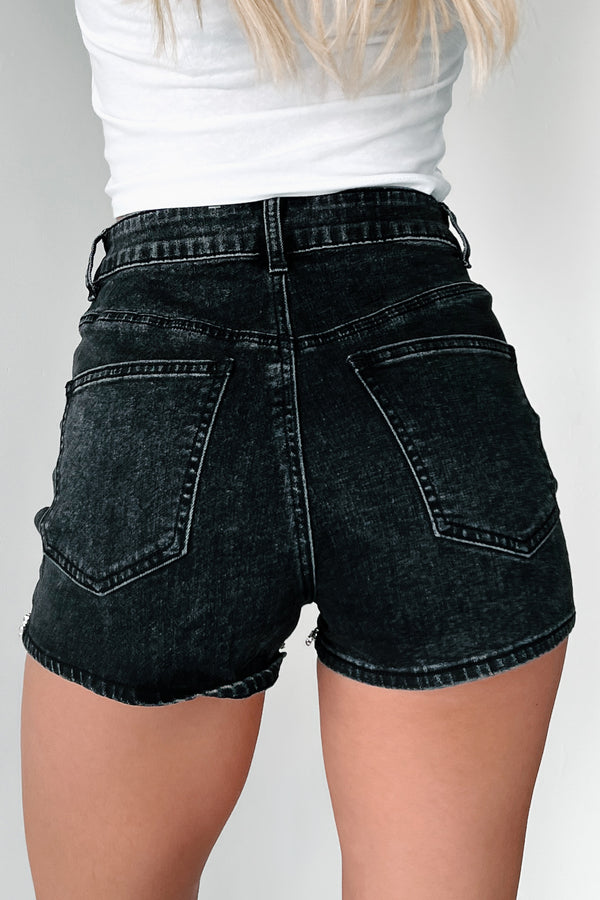 Diva Behavior Denim Rhinestone Trim Shorts (Black) - NanaMacs