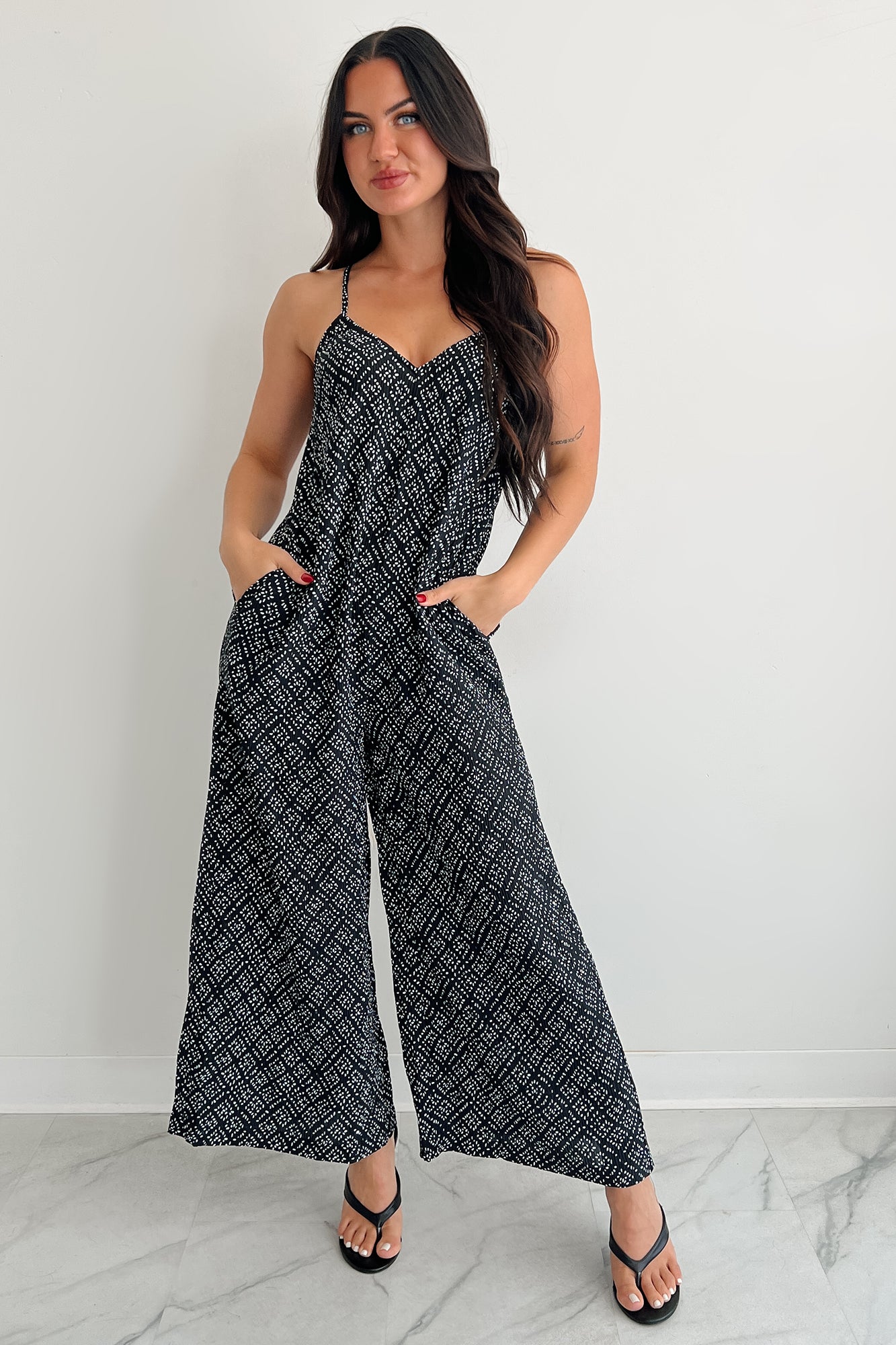 Homebody Heaven Pleated Wide Leg Jumpsuit (Black Dotted) - NanaMacs