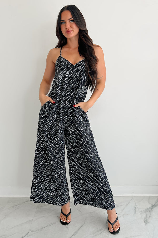 Homebody Heaven Pleated Wide Leg Jumpsuit (Black Dotted) - NanaMacs
