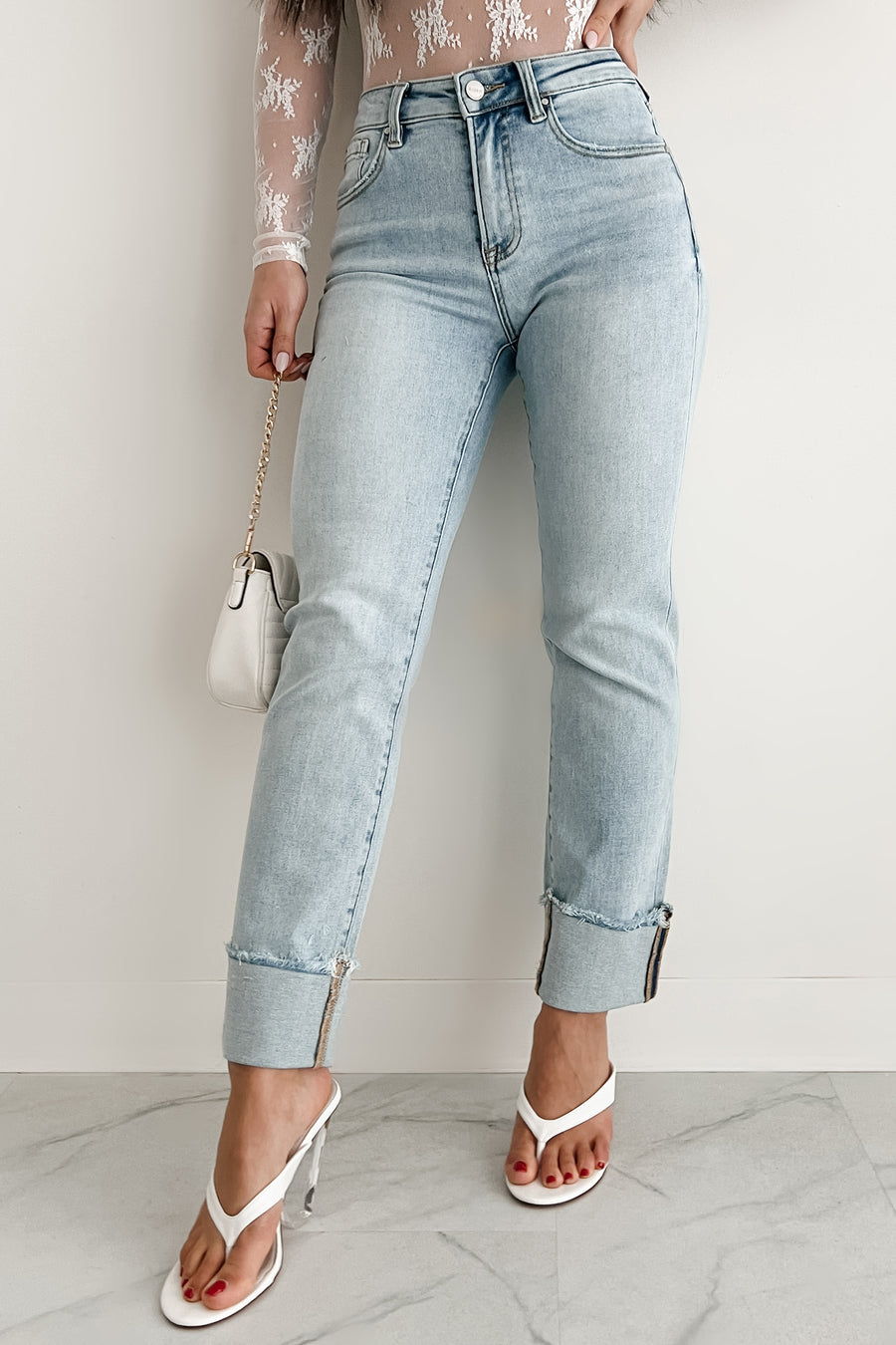 Aurora High Rise Straight Leg Cuffed Risen Jeans (Light) - NanaMacs