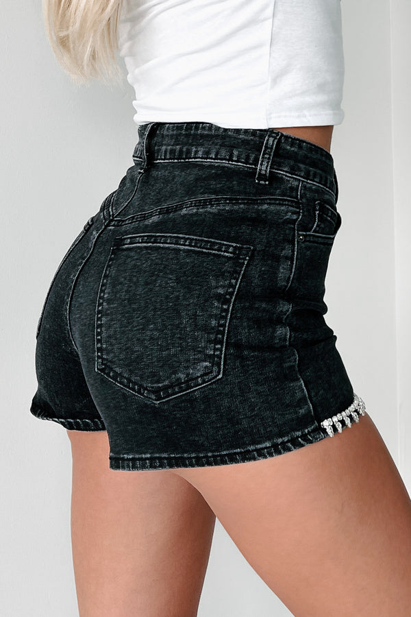 Diva Behavior Denim Rhinestone Trim Shorts (Black) - NanaMacs