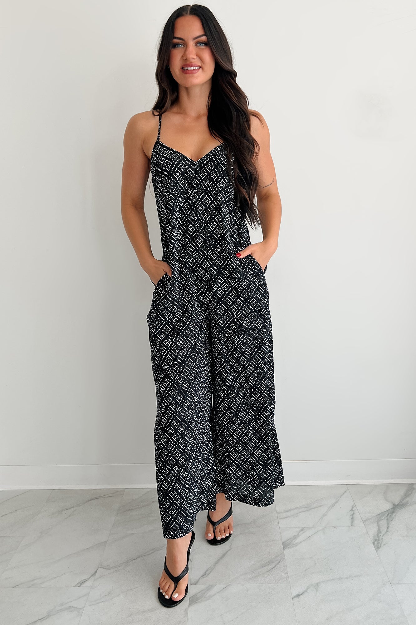 Homebody Heaven Pleated Wide Leg Jumpsuit (Black Dotted) - NanaMacs