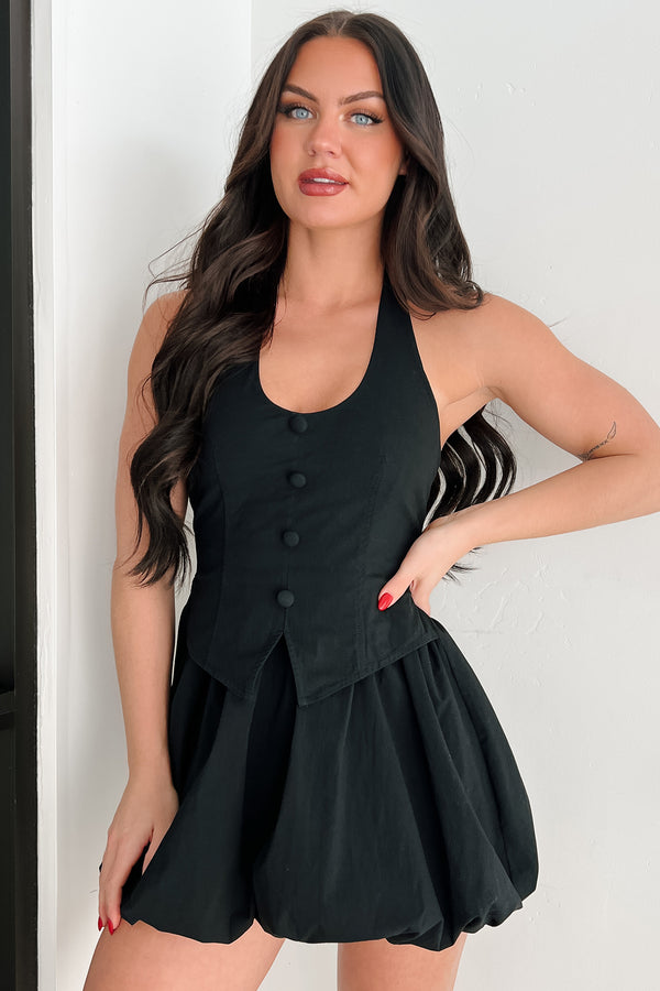 Grace Under Pressure Halter Bubble Hem Mini Dress (Black) - NanaMacs