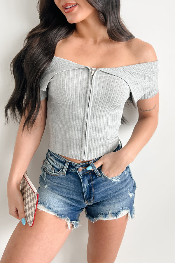 Relaxed Yet Refined Off Shoulder Zip-Up Top (Heather Grey) - NanaMacs