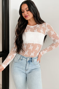 Crazy In Love Floral Mesh Long Sleeve Bodysuit (White) - NanaMacs