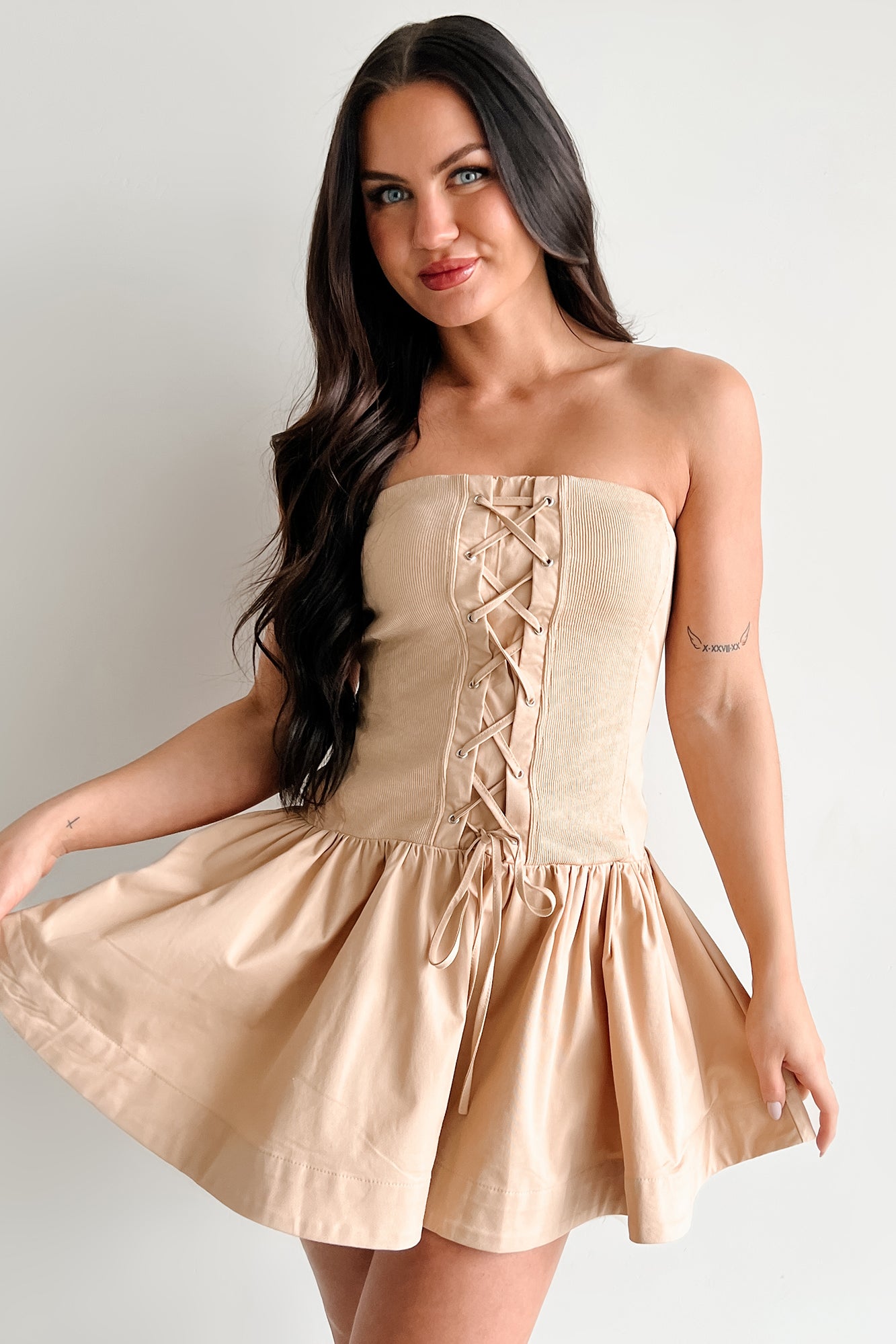 Strutting In Style Strapless Mini Dress (Taupe) - NanaMacs