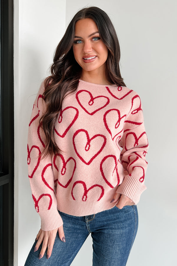 My One True Love Heart Print Sweater (Blush/Red) - NanaMacs