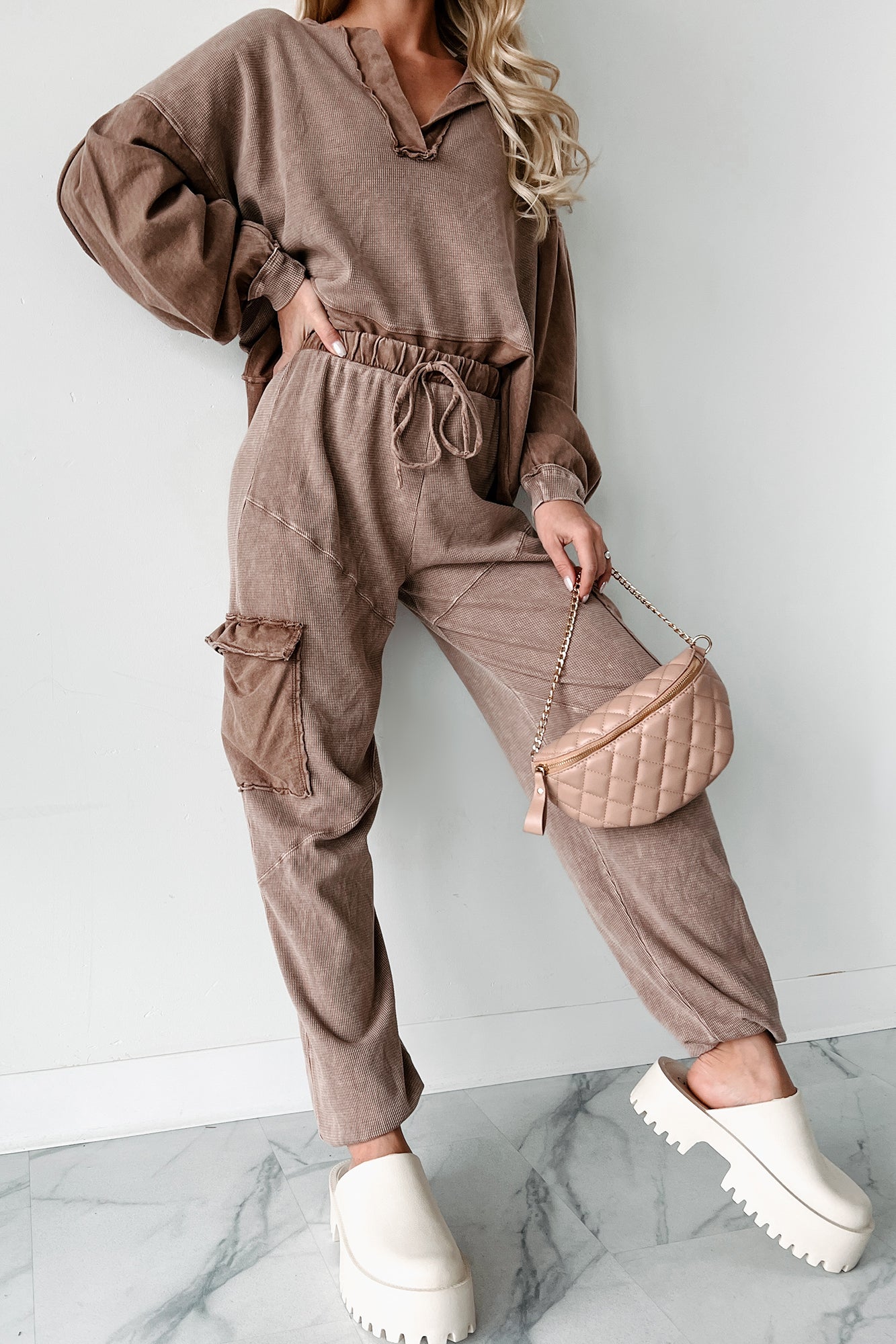 Long Wave Sleeve Cargo Denim Jumpsuit - Medium Wash Preorder Ships Early May