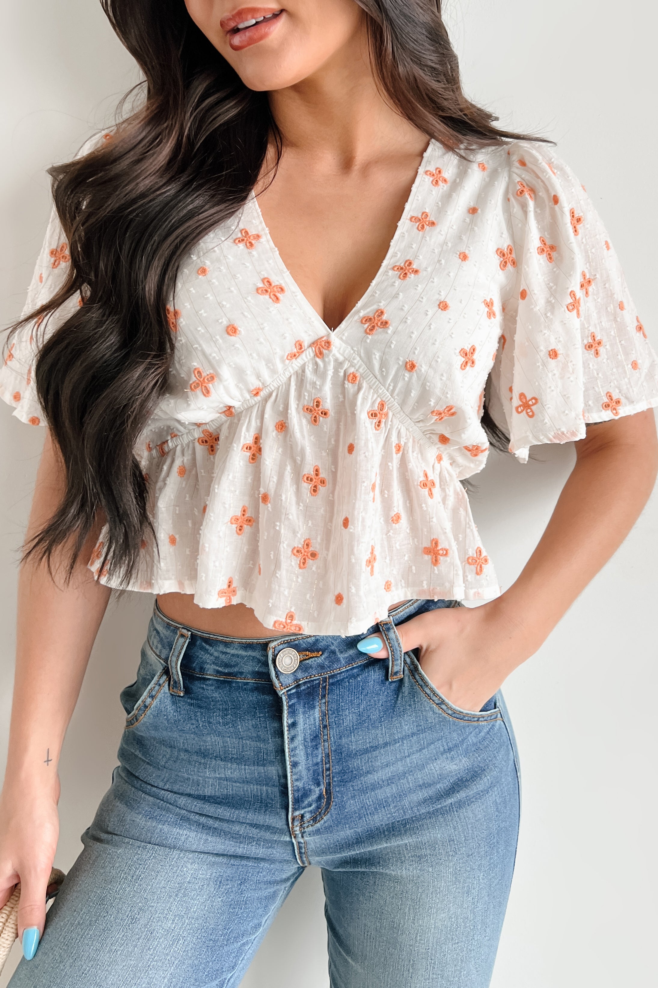 Irresistible Feelings Flutter Sleeve V-Neck Top (White/Coral) - NanaMacs