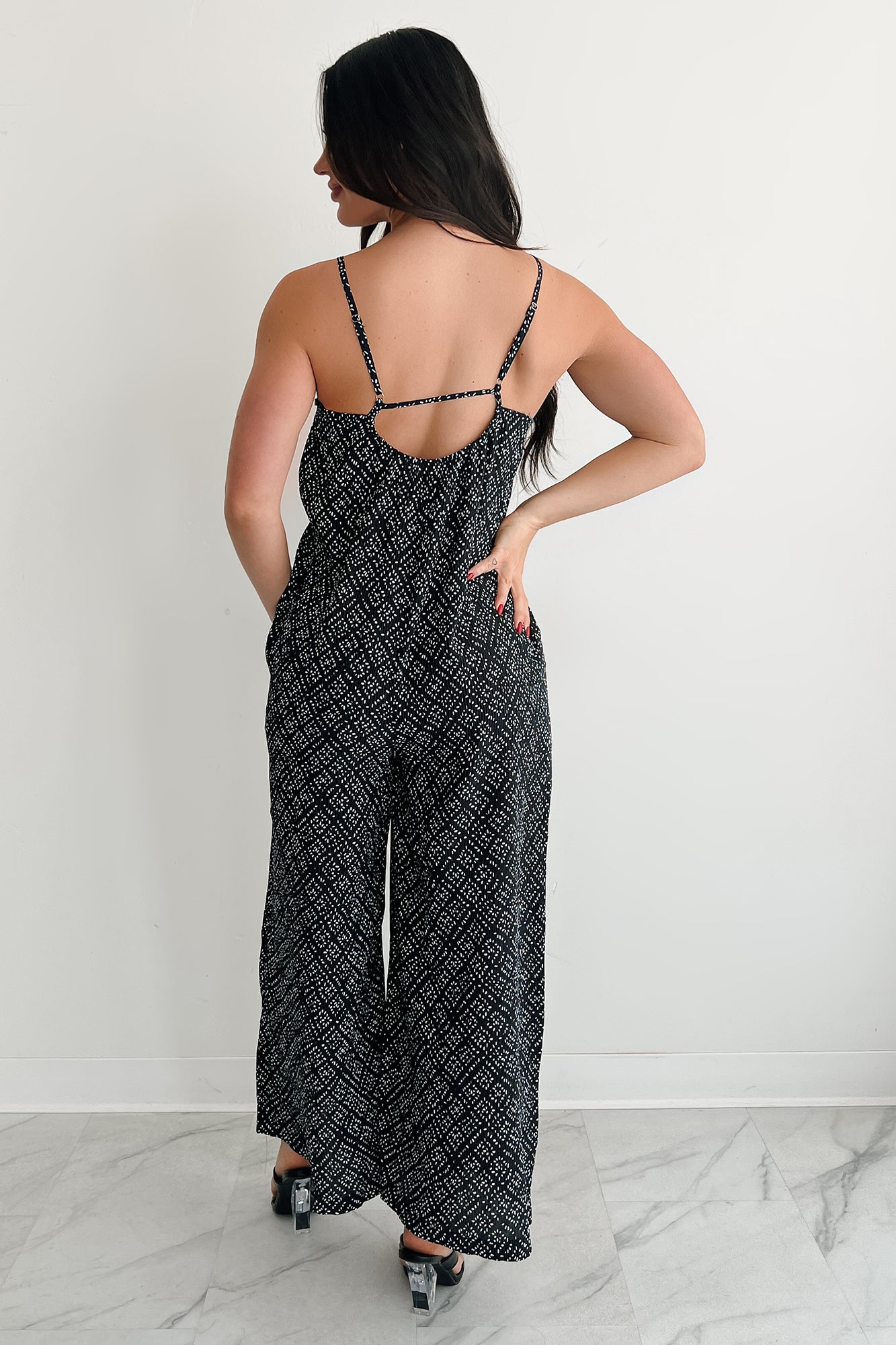 Homebody Heaven Pleated Wide Leg Jumpsuit (Black Dotted) - NanaMacs