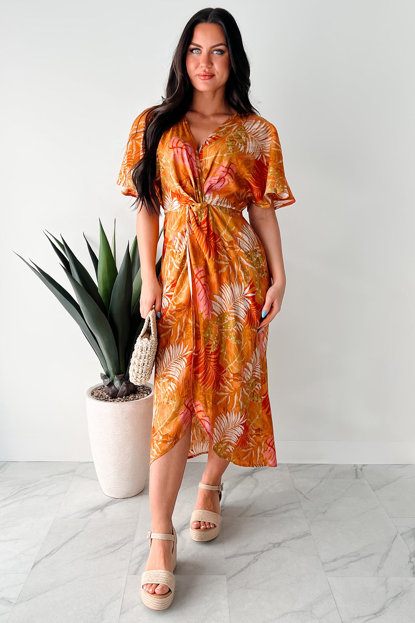 Slow Down & Smell The Roses Tropical Print Midi Dress (Mustard/Multi) - NanaMacs