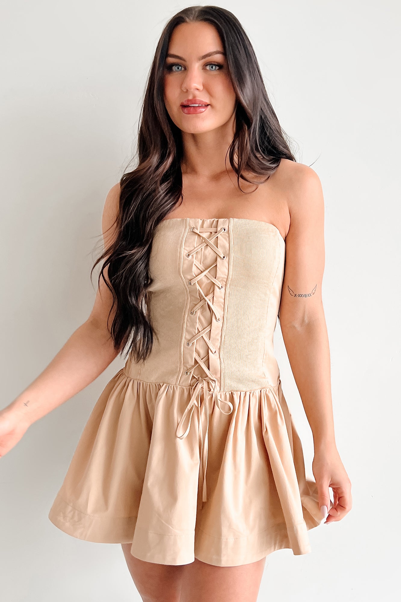 Strutting In Style Strapless Mini Dress (Taupe) - NanaMacs