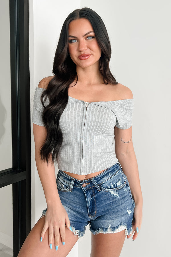 Relaxed Yet Refined Off Shoulder Zip-Up Top (Heather Grey) - NanaMacs