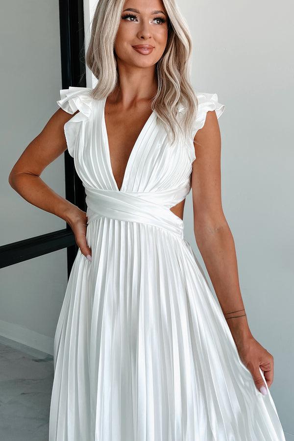 Opulent Occasion Pleated Ruffle Maxi Dress (White) - NanaMacs