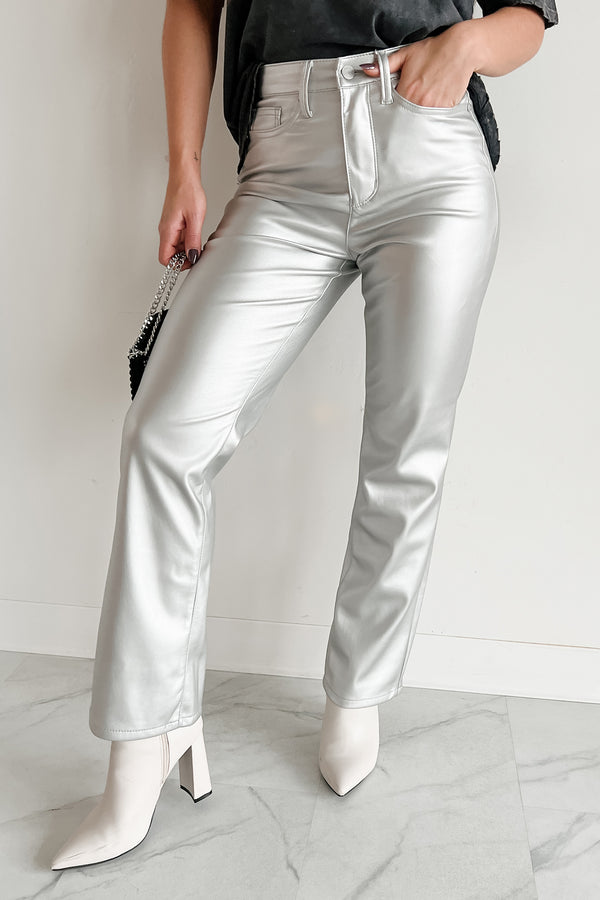 Power Hour Judy Blue High Waist Faux Leather Pants (Metallic Silver) - NanaMacs