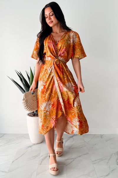 Slow Down & Smell The Roses Tropical Print Midi Dress (Mustard/Multi)