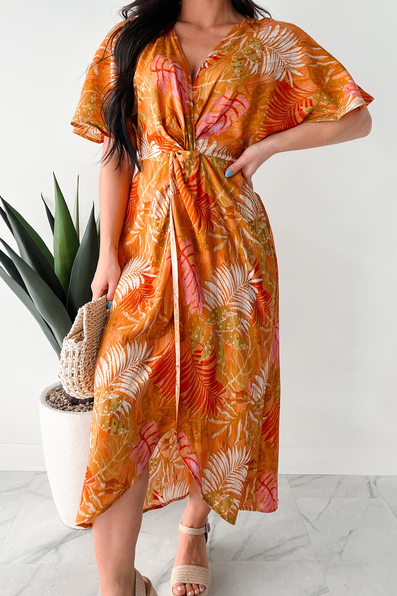 Slow Down & Smell The Roses Tropical Print Midi Dress (Mustard/Multi) - NanaMacs