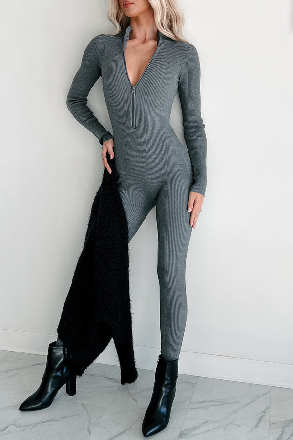 Lowkey And Loving It Zip Front Ribbed Jumpsuit (Heather Grey) - NanaMacs